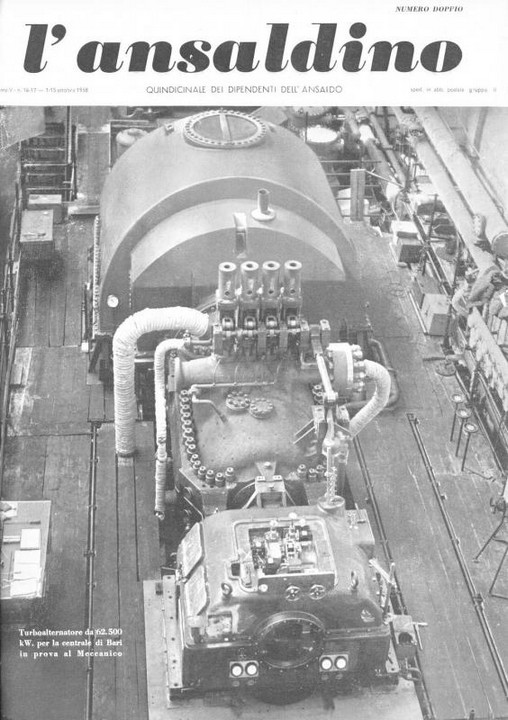 p. 1 (copertina), turboalternatore da 62500 kW per la centrale di Bari in prova allo stabilimento Meccanico di Sampierdarena, 1958